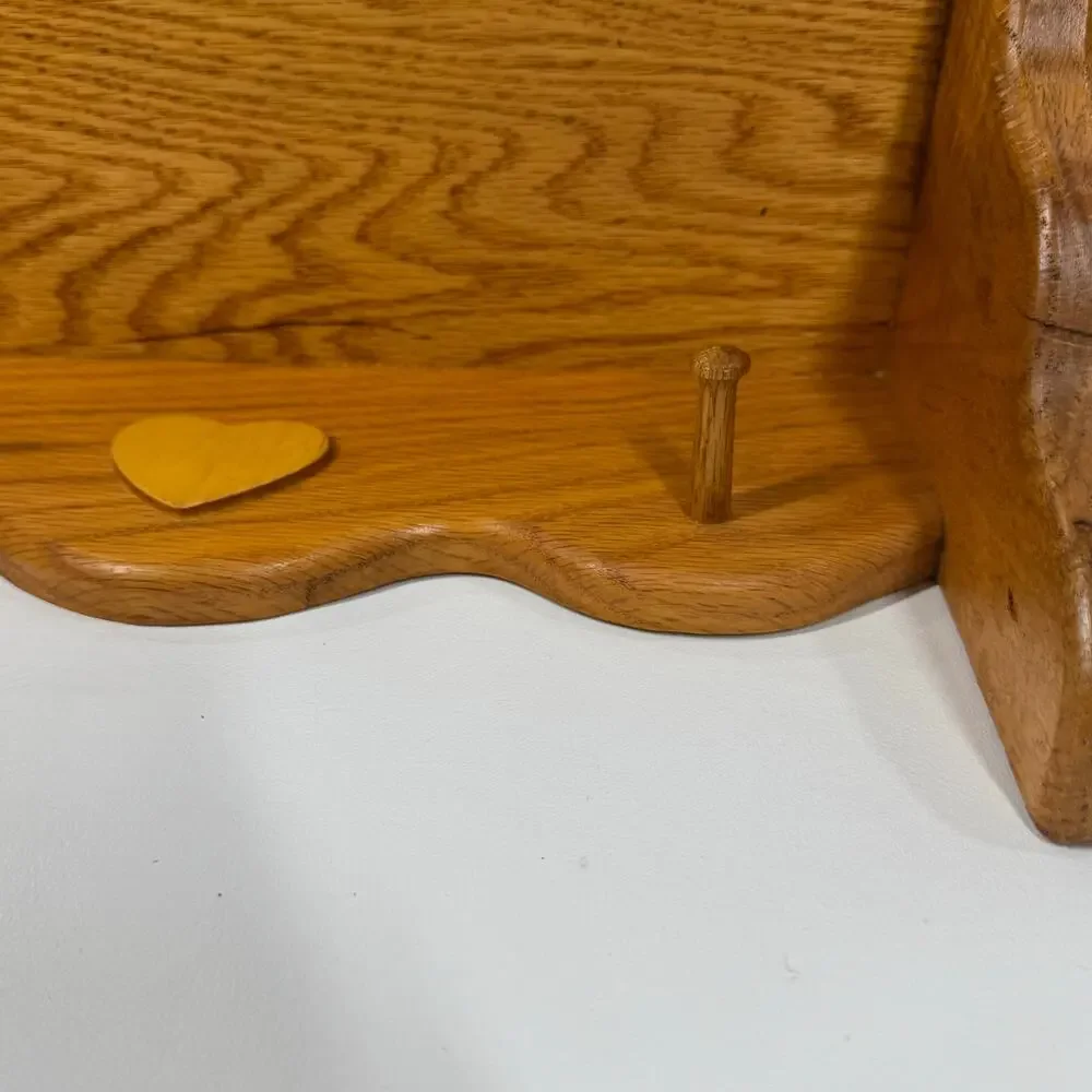 Vintage Solid Oak Wall Shelf Heart Inlay Peg Rack Country Farmhouse Plate Cutout